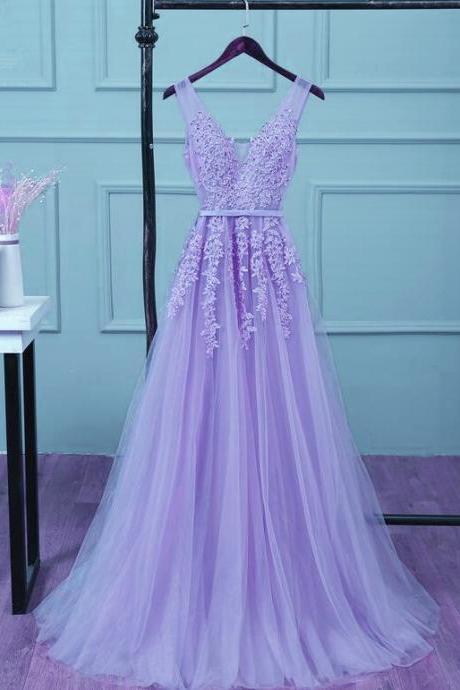 Light Purple Tulle Evening Dress,v-neckline Applique Party Dress,beaded Junior Prom Dress , Charming Formal Gown,custom Made