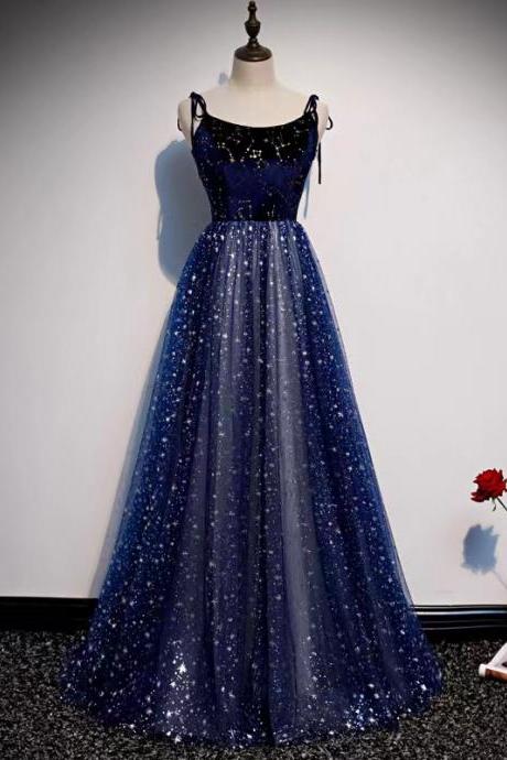 Sexy Fairy Prom Dress, Dreamy Temperament Long Star Evening Dress,navy Blue Spaghetti Strap Party Dress,custom Made