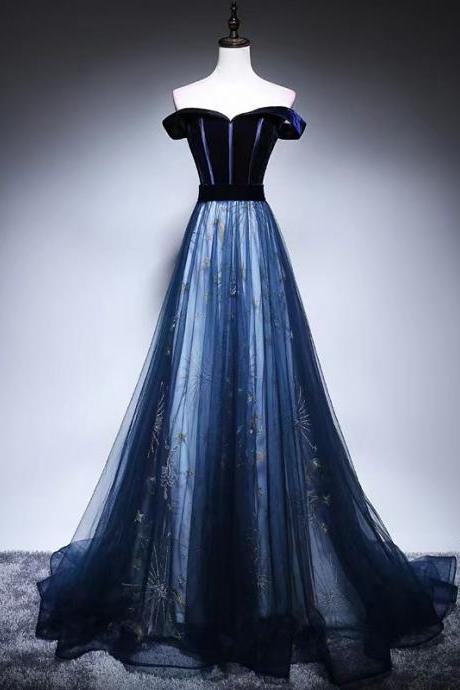 Elegant Prom Dress,,off Shoulder Formal Evening Gown With Navy Blue Party Dress,custom Made