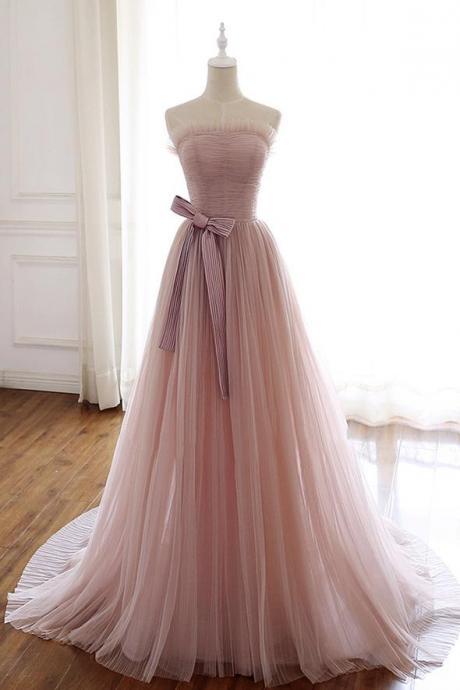  Strapless Blush Pink Tulle Prom Dress, Princess Pleated Ruched ,Simple Long Bridesmaids Dress,Formal Evening Dress,Custom Made