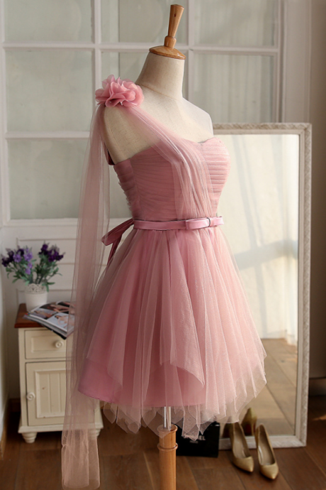 One Shoulder Party Dress,tulle Dusty Pink Homecoming Dress Prom Dress ,short Cocktail Party Gown,custom Made