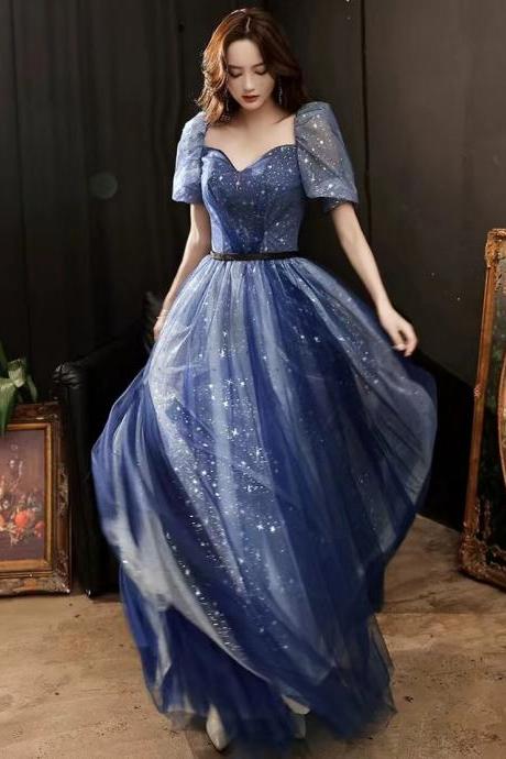 Blue Dress,bubble Sleeves, Square Collar, Dream Party Dress, Light Luxury Prom Dress,custom Made