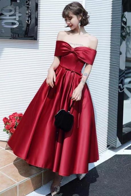 Off Shoulder Evening Dress, Light Luxury High Sense Party Dress, Red Cute Satin Prom Dress,custom Made