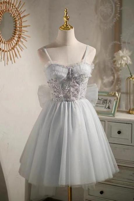 Grey dream dress ,cute graduation dress, fairy homceoming dress with bow, Princess dress ,spaghetti strap birthday party dress,custom made