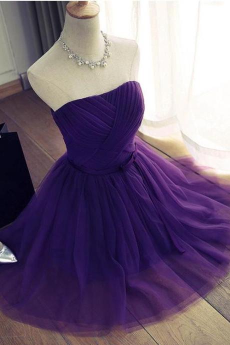 Cute Dark Purple Tulle Homecoming Dress ,strapless Bridesmaid Dress, Short Formal Dress ,custom Made