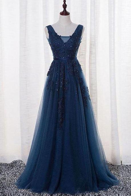 Beautiful Navy Blue Long Prom Dresses , V-neck Formal Gowns, Navy Blue Bridesmaid Dresses,custom Made
