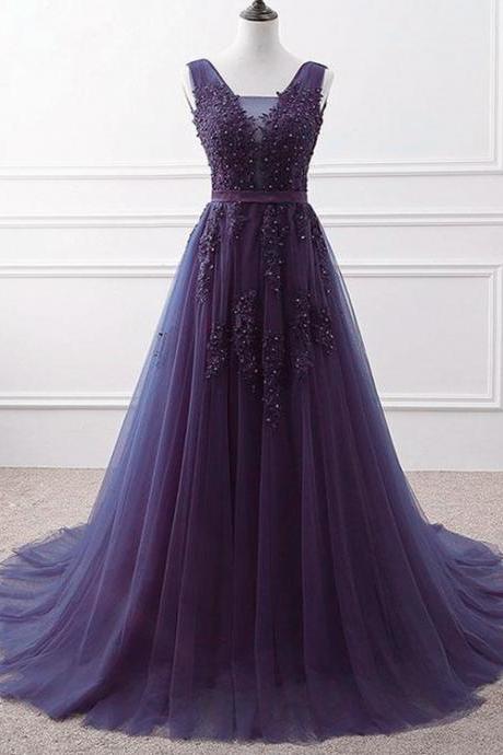 Purple Tulle V-neckline Long Party Dress, Purple A-line Prom Dress, Dream Bridesmaid Dress,custom Made