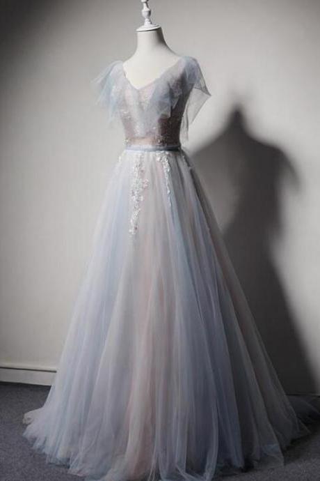 Light Blue And Pink V-neckline Tulle With Lace Evening Dress, A-line Long Prom Dress ,fairy Party Dress,custom Made