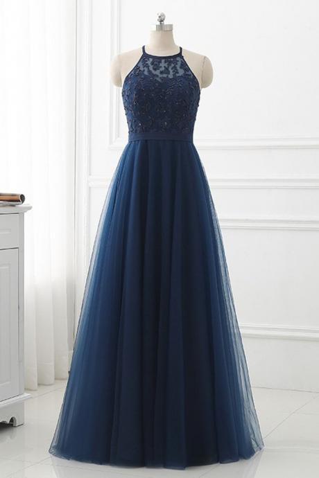 Halter Navy Blue Tulle Prom Dress Applique Long Formal Dress, Junior Party Dresse,sexy Bridesmaid Dress,custom Made
