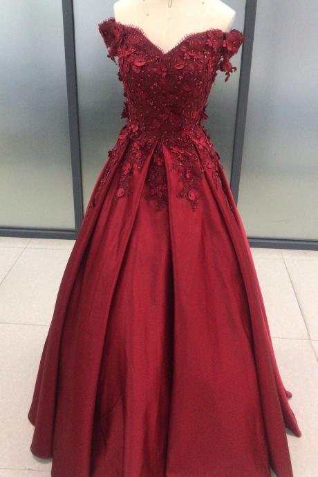 Dark Red Satin Off Shoulder Lace Applique Floor Length Prom Dress, Wedding Guest Formal Gowns, Off shoulder Party Dress,Custom Made
