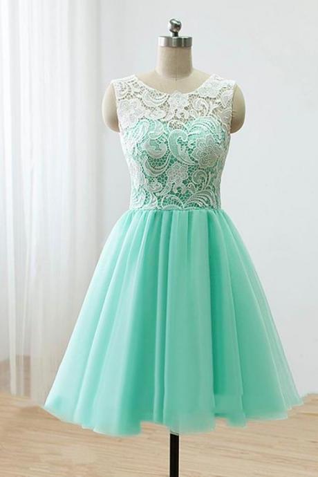 Short Mint Tulle Prom Dress With Lace, Chiffon Homecoming Dresses, Short Prom Dresses ,custom Made