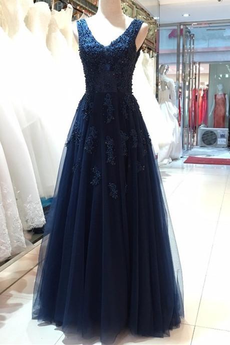Elegant Navy Blue Tulle Backless Floor Length Prom Dresses, V-neck Party Gowns, Evening Dresses, Navy Blue Formal Dresses,custom Made