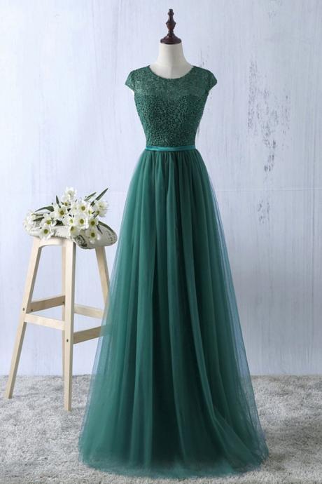 Elegant Dark Green Tulle And Lace Top Round Neck Floor Length Evening Dresses ,simple Formal Dress, Dark Green Formal Gowns ,custom Made