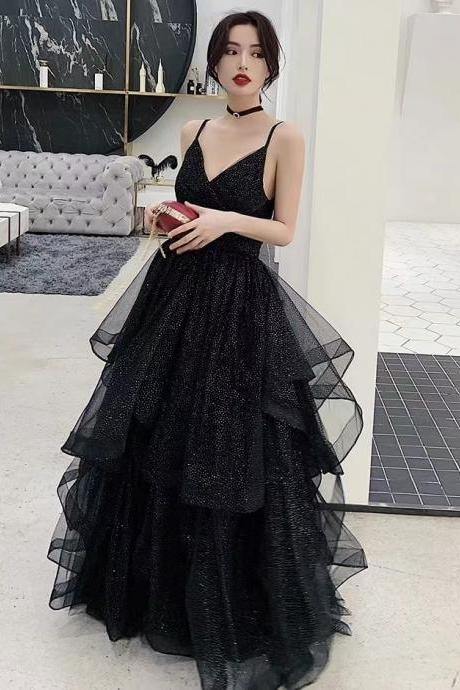 Black Evening Dress, Long Socialite Prom Dress, Spaghetti Strap Temperament Evening Dress,custom Made