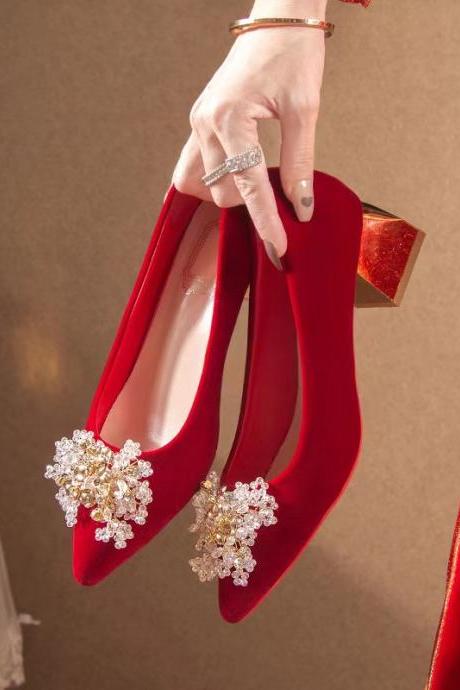 Wedding Shoes High Heels, Coarse Heel Low Heel Red Suede Bride Shoes, Pointed Single Shoes Wedding Shoes