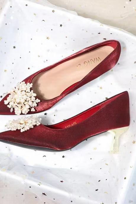 Red Pearl High Heels, Spring And Autumn,, Pointed Toe, Low Heel, Daily Shoes, Wedding Shoes, Bridal Shoes, Party Shoes