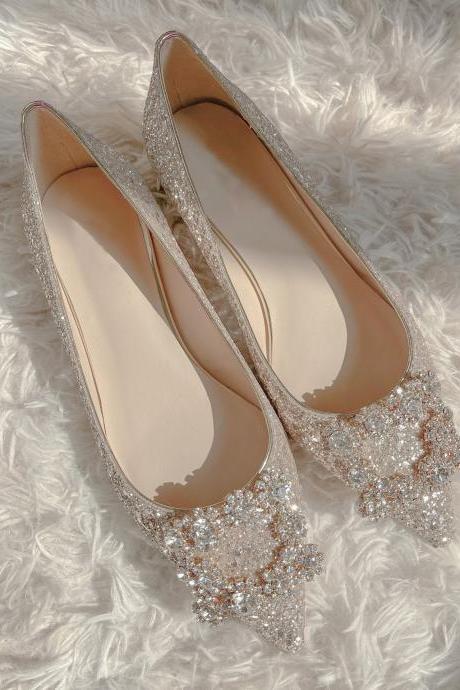 Wedding shoes, new, crystal, glitter wedding bridesmaid shoes, pregnant women can wear single shoes