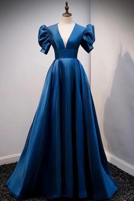 High Grade Evening Dress, Royal Blue Heavy Puff Sleeve Prom Gown,v-neck Party Dress,custom Made