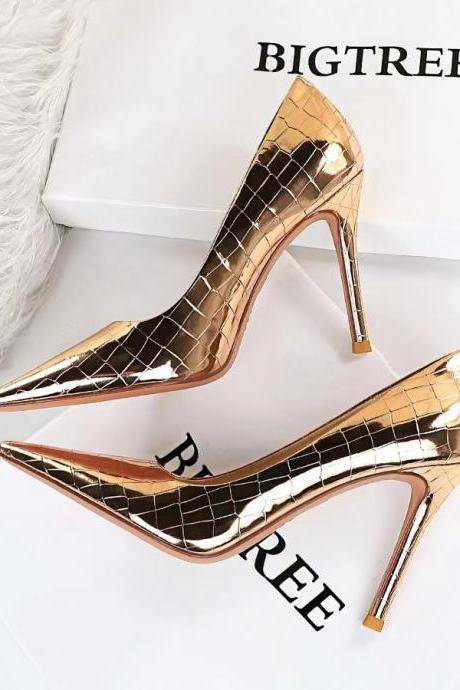 Retro, sexy heels, metal stone grain heels, high heel shallow point single shoes