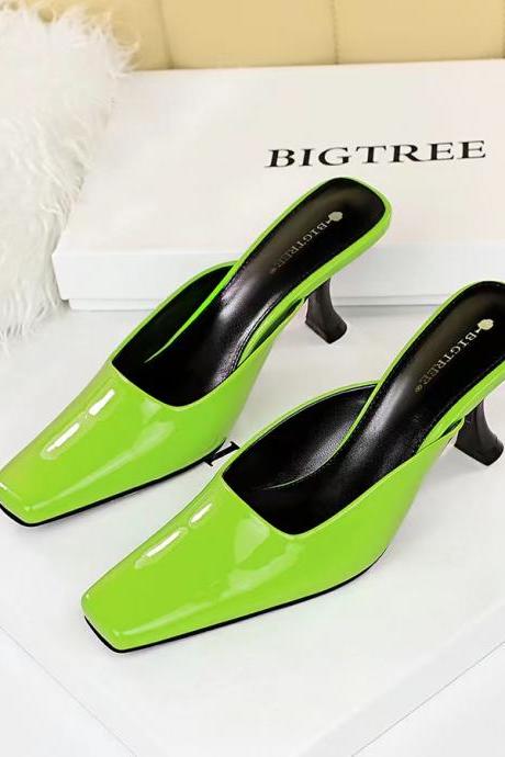 Simple high heel, square shallow mouth bright face patent leather wrapped slippers, women's shoes, daily wear slippers