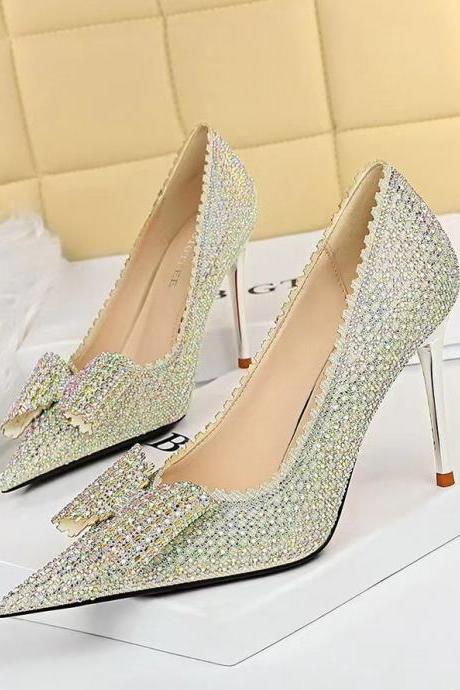 Sweet lady shoes, princess shoes, wedding shoes, stiletto heels, shallow toe rhinestone bow single shoes