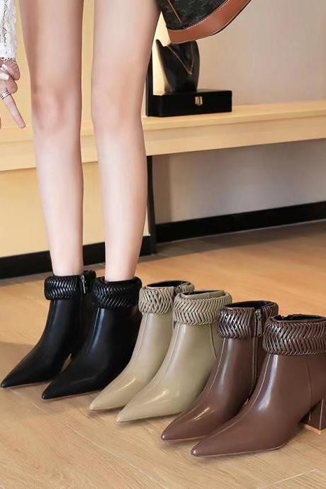 Sexy, slimmer, chunky heels, braided pointy straps, lapel side zipper ankle boots, women's boots