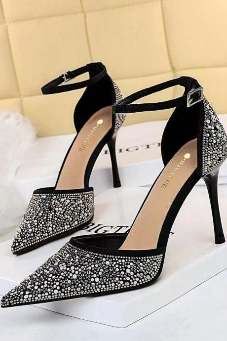 High heels, summer women's shoes, stilettos, shallow pointed toe, hollow water, drilled hollow character strap sandals