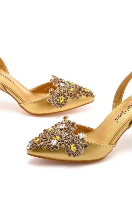 7cm, Shimmery Toe, Gold Ball Sandals, Thin Heel, Plus Size, Rhinestone Wedding Shoes, Bridal Dress Shoes