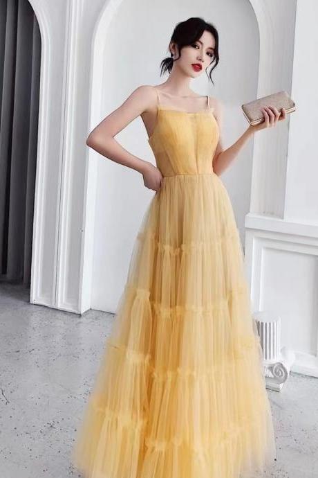 Cute Long Prom Gown ,spaghetti Strap Party Dress, Yellow Birthday Dress,, Custom Made