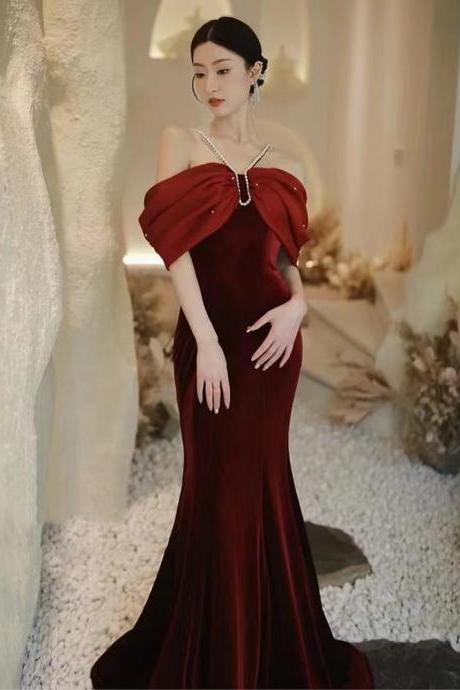 Haute Burgundy Prom Dress, Socialite Engagement Mermaid Evening Dress, Off-the-shoulder Bridal Dress, Sexy Velvet Dress,custom Made