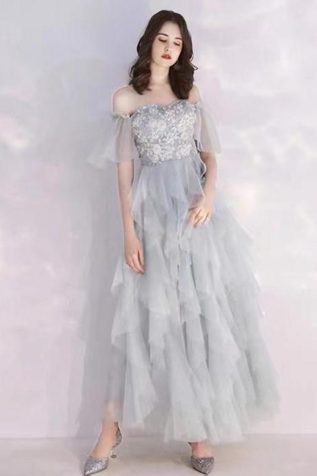 Off Shoulder Party Dress,gray Prom Dress,charming Applique Evening Dress,,custom Made