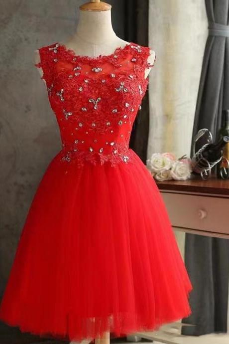 Sleeveless Evening Dress, O-neck Prom Dress, Lace Party Dress,red Homecoming Dress,custom Made