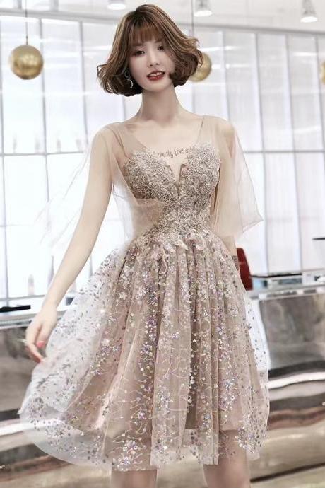 Fancy Evening Dress， Temperament, Elegant Homecoming Dress, Champagne Short Party Dress, V-neck Party Dress,custom Made