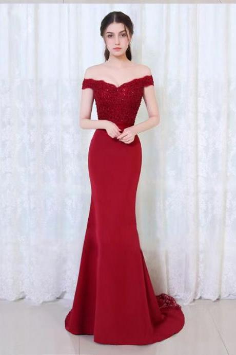 Off Shoulder Evening Gown With A Train, Red Mermadi Prom Gown,custom Made