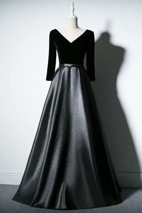 V-neck Party Dress,noble Prom Dress,long Sleeve Black Evening Dress,,custom Made