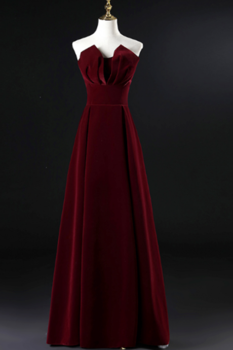 Burgundy Prom Dress,velvet Floor Length Evening Dress,strapless Long Prom Dress,custom Made