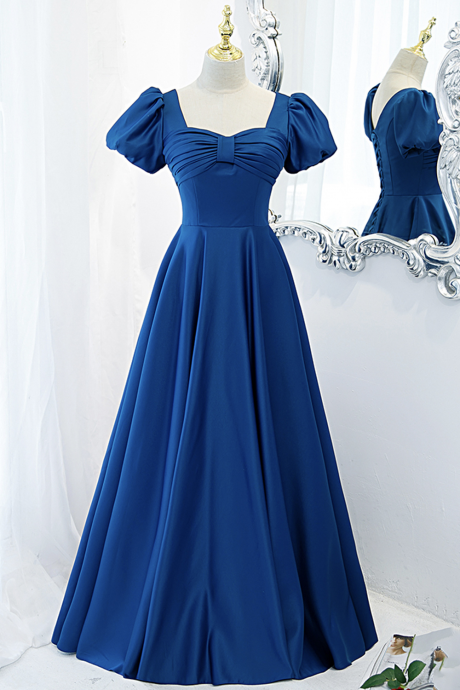 Blue Princess Party Dressmsatin Long A Line Prom Dress Blue Evening Dress ,custom Made