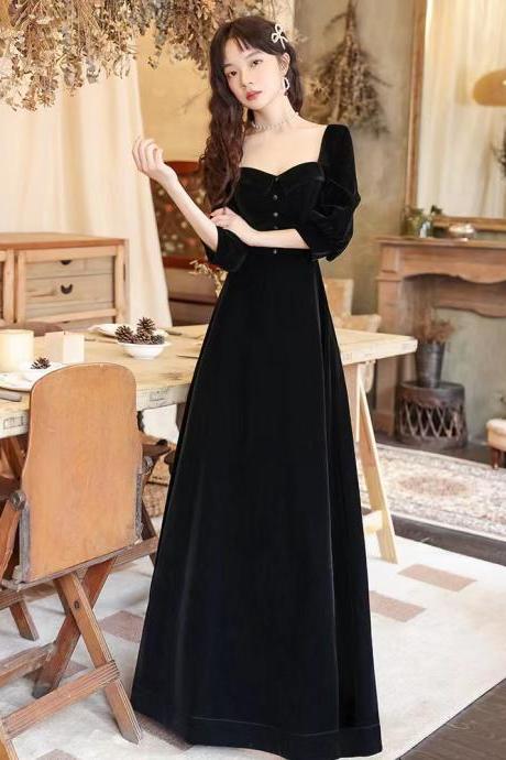 Black Evening Dress, Temperament Party Dress,velet Evening Dress,long Sleeve Prom Dress,custom Made