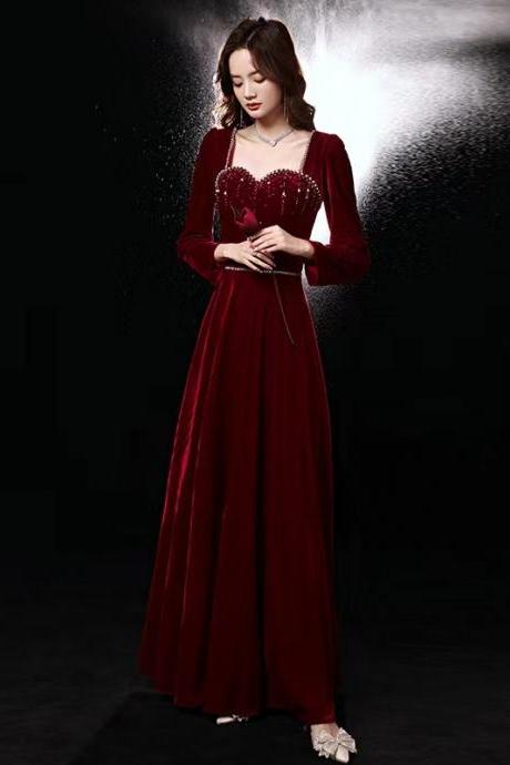 Long Sleeve Prom Dress, Burgundy Evening Dress,velvet Dress,custom Made