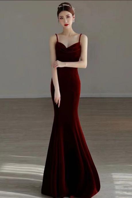 Spaghetti Strap Prom Dress,velvet Evening Dress, Sexy Red Dress,custom Made