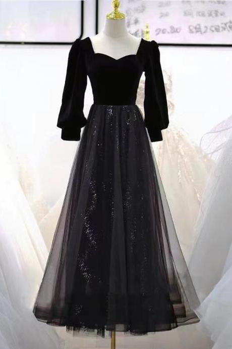 Black Evening Dress, Light Luxury Temperament Prom Dress, Long Sleeve Formal Dress,custom Made