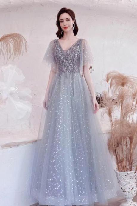 Gray Party Dress ,v-neck Prom Dress, Fairy Evening Dress,sequin Birthday Dress,custom Made