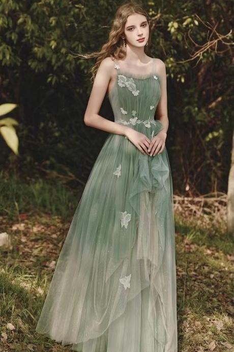 Green Party Dress, Fairy Evening Dress, Spaghetti Strap Prom Dress,custom Made