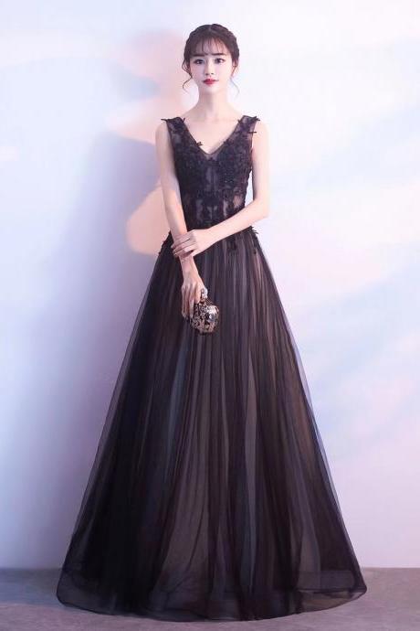 V-neck black evening dress, noble prom dress, slim party dress,custom made