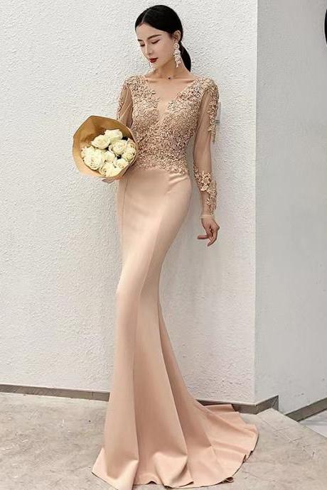 Long sleeve prom dress,mermaid party dress,sexy evening dress,custom made