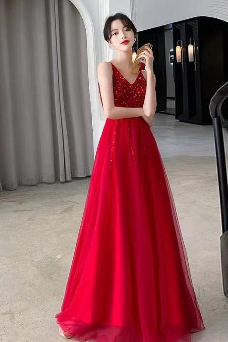 V-neck prom dress,red party dress,sexy evening dress,custom made