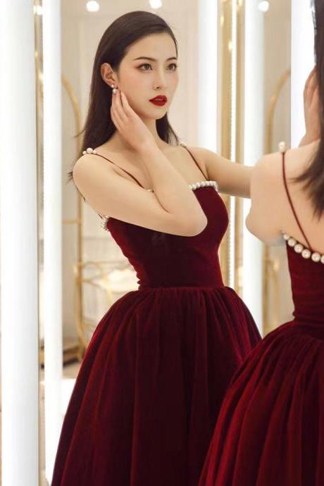 Spaghetti strap evening dress,red party dress,velvet prom dress,Custom Made