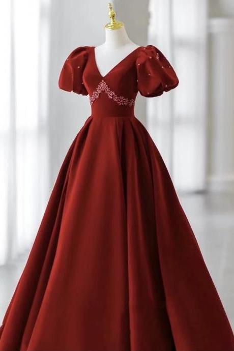 V-neck evening dress,charming prom dress, velvet party dress,bubble sleeve ball gown dress,Custom Made