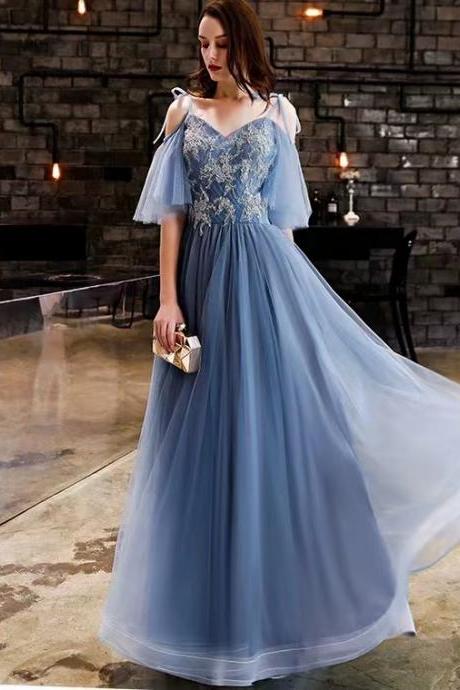 Off shoulder evening dress,fairy prom dress, blue party dress,Custom Made