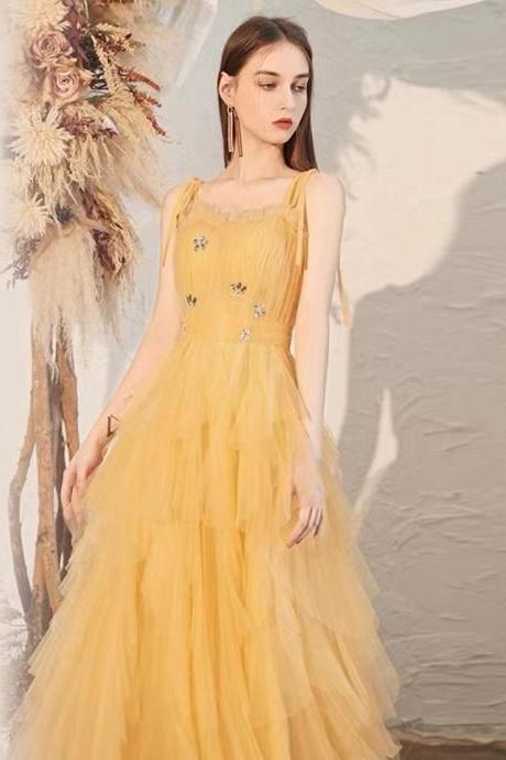 Spaghetti strap evening dress,tulle prom dress, cute party dress,yellow birthday dress,Custom Made